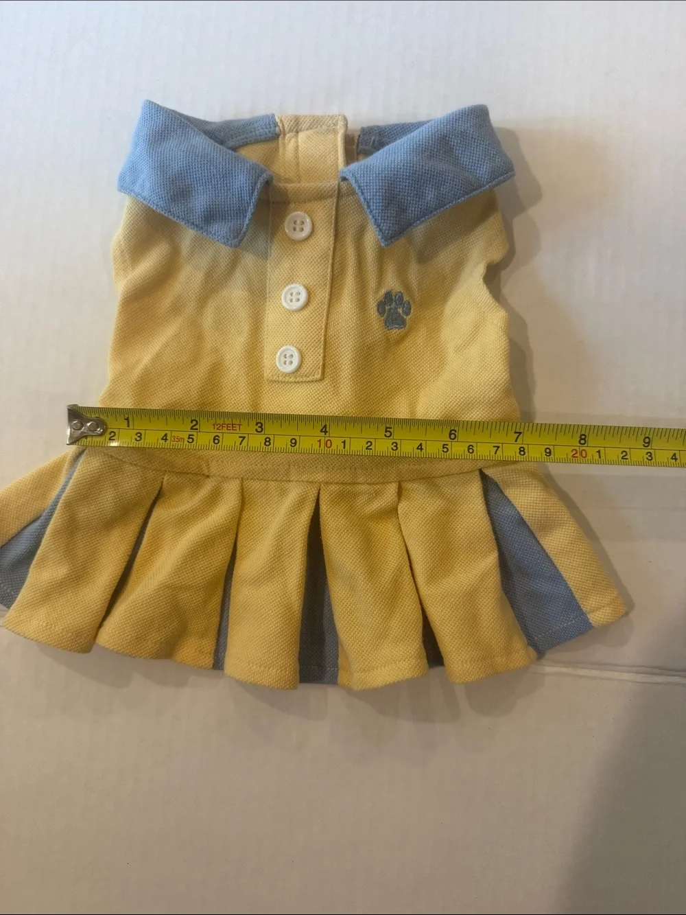Yellow Pleated Pet Dress with Blue Trim